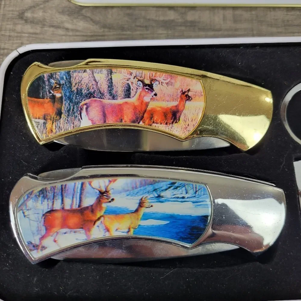 Decorative Folding‎ Knife and Keychain Set with Decorative Tin